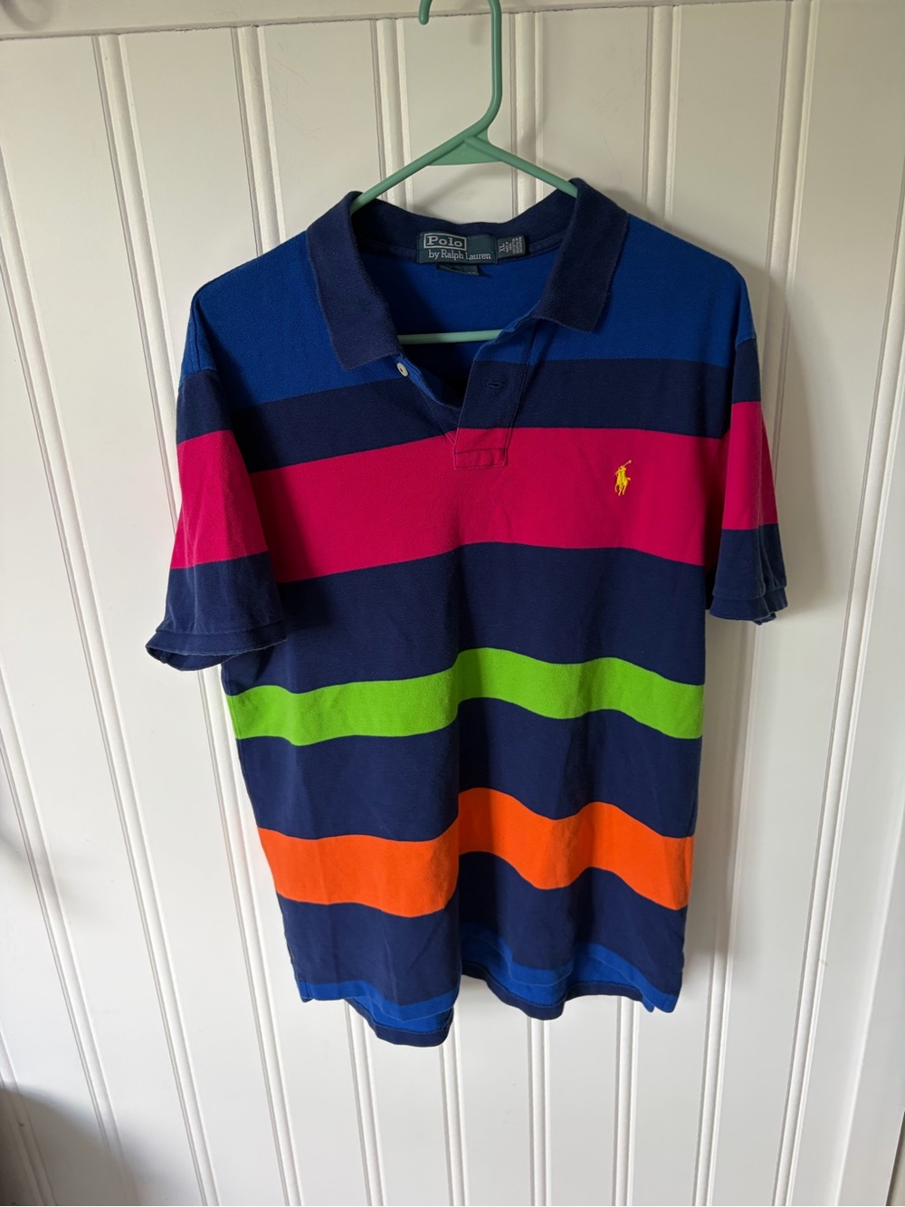 Ralph Lauren Men’s Navy Polo with Pink, Lime & Orange Stripes
